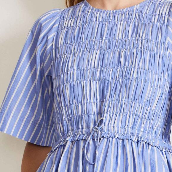 Apiece Apart Adorna Smocked Striped Cotton Mini Dress Blue White Size Medium - Picture 2 of 9